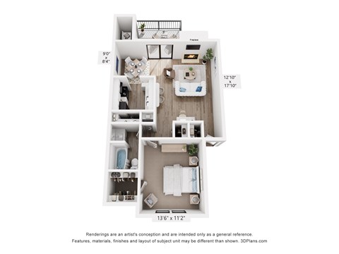A 3D floor plan of a small apartment with a kitchen, living room, and bathroom.